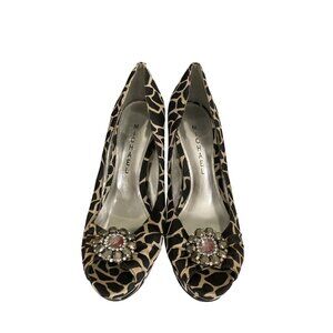 Michael selena women size 7 Black Beige Giraffe Print bejeweled Peep-Toe Heels